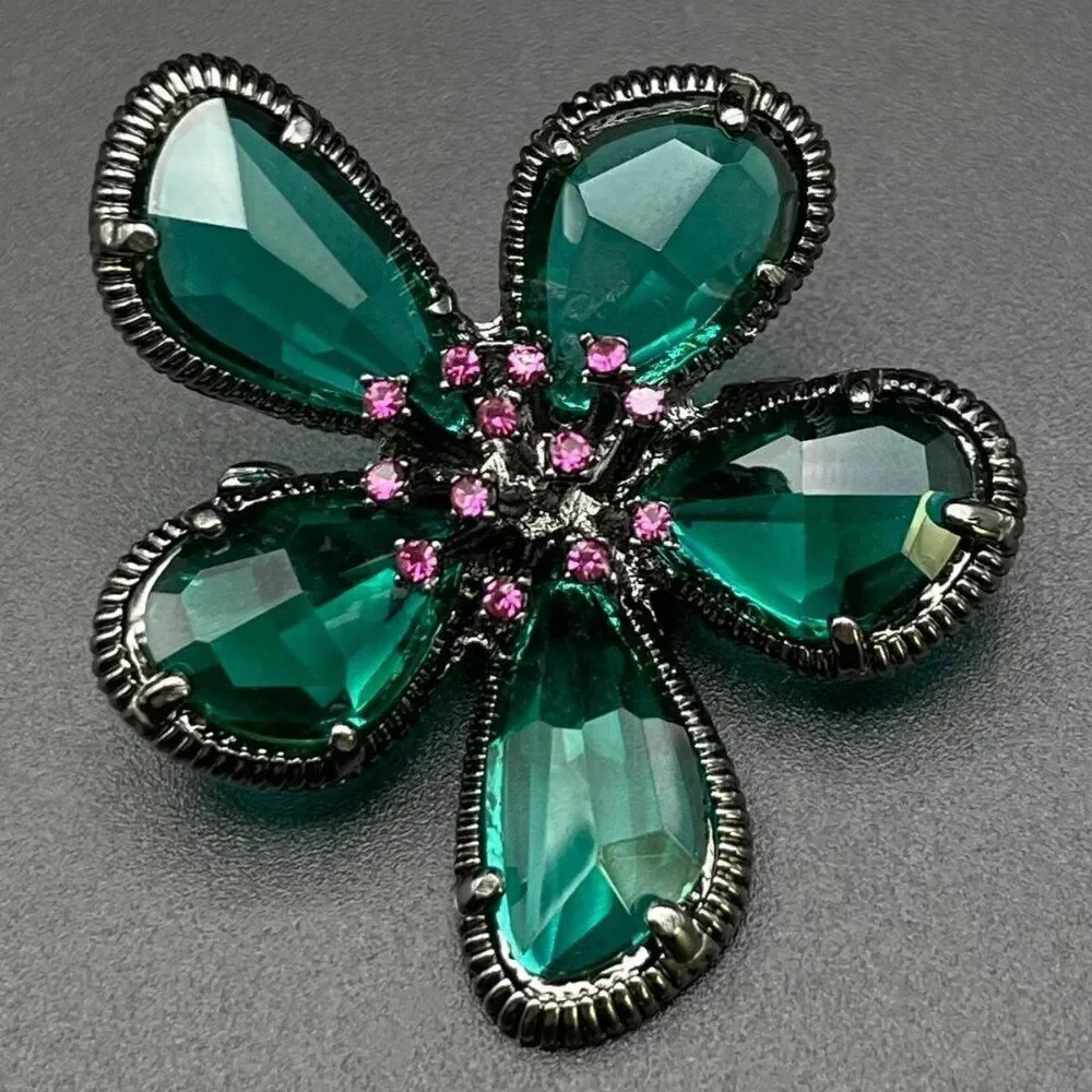 Gun Metal Gray Black with Emerald and Amethyst Crystal Flower Pin Back Brooch